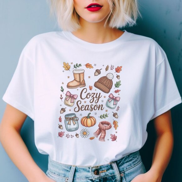 Cozy Season Graphic T-Shirt Fall Collage Pumpkin Season Sweather Weather T-Shirt - Picture 1 of 4